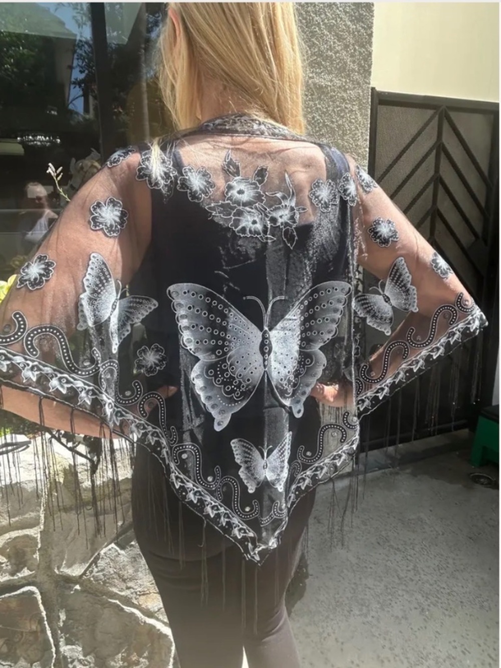 Black butterfly Semi Sheer Poncho, silver, Butterfly top,
